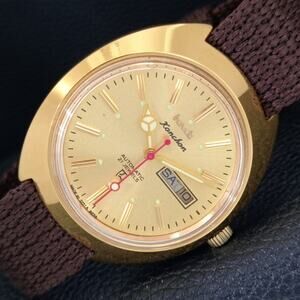 Vintage 1991 HMT Automatic Mens Gold Watch W/Daydate & Red accents